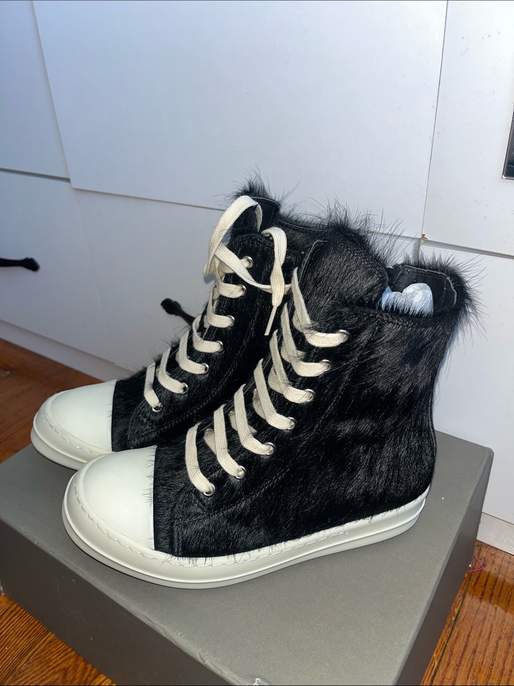 Rick Owens Black Fur High-Top Sneakers with White Accents